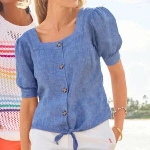 Talbots Blue Linen Tie Waist Button Up Blouse Plus Size 1X Coastal Preppy
